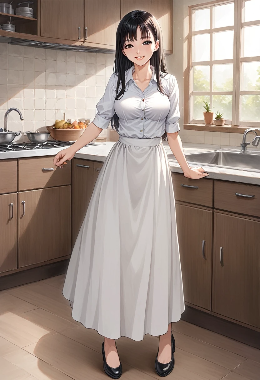 Anime, 2d anime, cartoon anime, detailed illustration, dynamic angle, ultra-detailed, illustration, full body shot, 1girl, 1950’s stay at home wife, button up blouse and long skirt, anime half closed eyes. A knowing smile, standing in kitchen, domestic goddess,