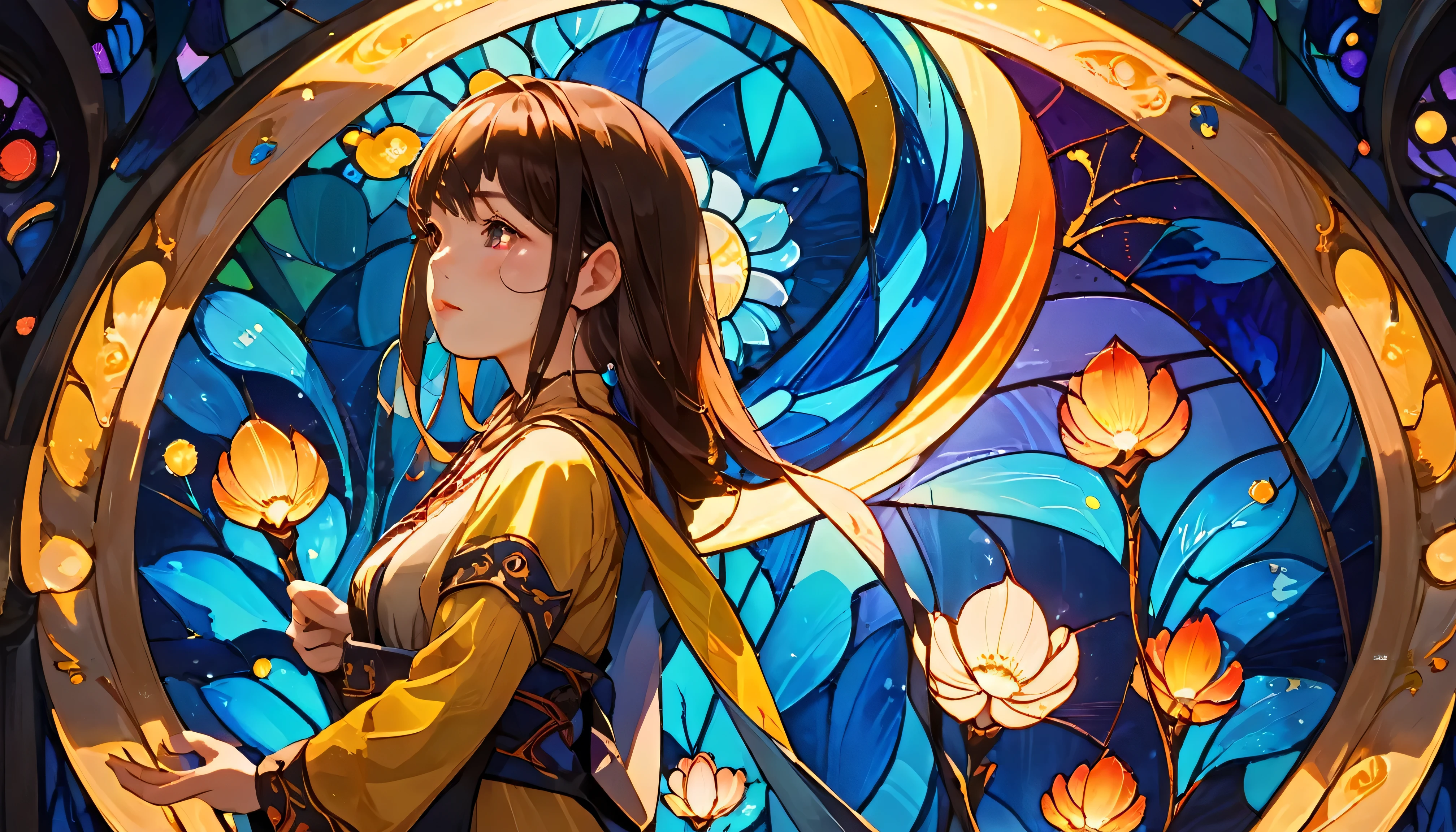 (masterpiece, Highest quality, Highest quality,Official Art, beautifully、aesthetic:1.2),(One girl:1.3), One girl BREAK stained glass art, Colored Glass, Lead wire, Light transmission BREAK Vivid colors, Intricate Design, Glowing effect, Spiritual atmosphere