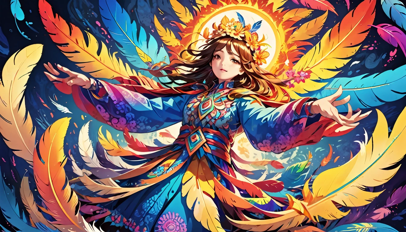 Official Art, Unified 8k wallpaper, Super detailed, beautiful Beauty, beautiful, masterpiece, Highest quality, (Tangled, Mandala, Tangled, Intertwined), (Flower Ecstasy: 1.2) Dynamic Angle, Cowboy Shot, The Most beautiful Chaotic Forms, grace, Fauvist design, Bright colors, Romanticism, atmosphere, Golden Crow, Sun God, feather, fire,