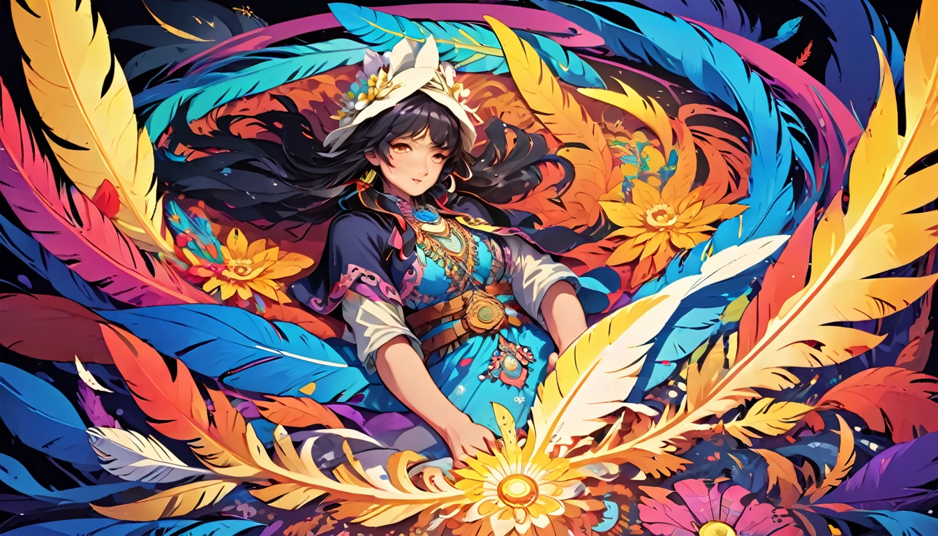 Official Art, Unified 8k wallpaper, Super detailed, beautiful Beauty, beautiful, masterpiece, Highest quality, (Tangled, Mandala, Tangled, Intertwined), (Flower Ecstasy: 1.2) Dynamic Angle, Cowboy Shot, The Most beautiful Chaotic Forms, grace, Fauvist design, Bright colors, Romanticism, atmosphere, Golden Crow, Sun God, feather, fire,