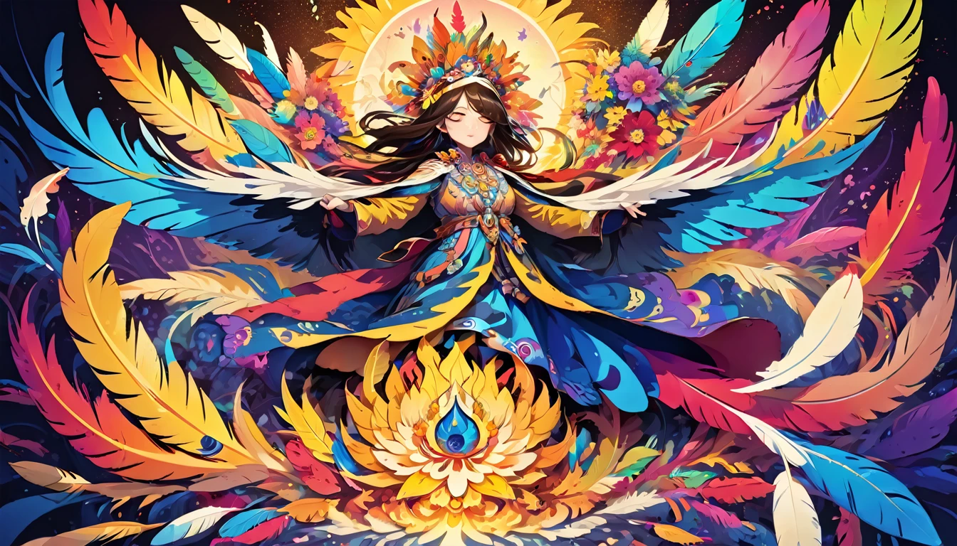 Official Art, Unified 8k wallpaper, Super detailed, beautiful Beauty, beautiful, masterpiece, Highest quality, (Tangled, Mandala, Tangled, Intertwined), (Flower Ecstasy: 1.2) Dynamic Angle, Cowboy Shot, The Most beautiful Chaotic Forms, grace, Fauvist design, Bright colors, Romanticism, atmosphere, Golden Crow, Sun God, feather, fire,