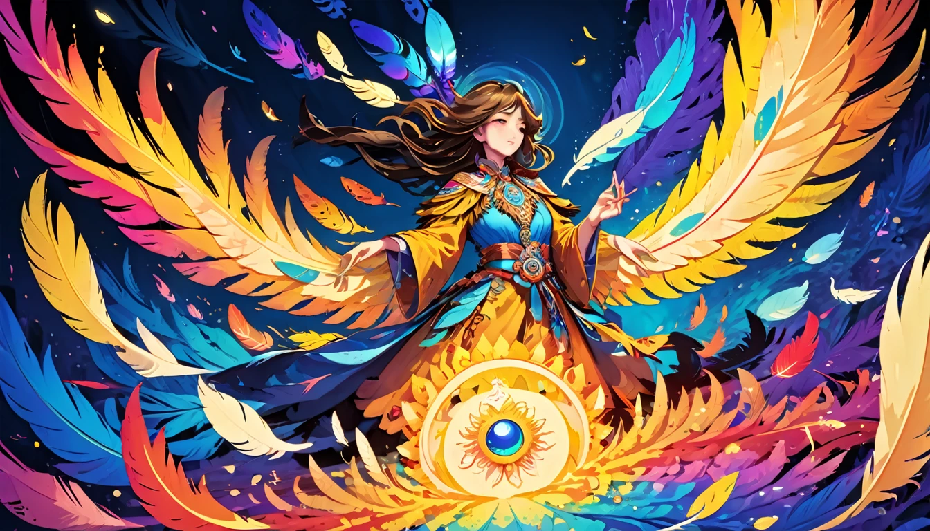 Official Art, Unified 8k wallpaper, Super detailed, beautiful Beauty, beautiful, masterpiece, Highest quality, (Tangled, Mandala, Tangled, Intertwined), (Flower Ecstasy: 1.2) Dynamic Angle, Cowboy Shot, The Most beautiful Chaotic Forms, grace, Fauvist design, Bright colors, Romanticism, atmosphere, Golden Crow, Sun God, feather, fire,
