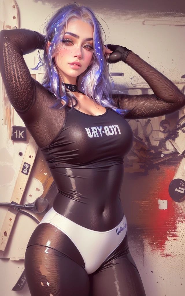 Obra de arte, melhor qualidade, 4K, Ultra HD, Mishoujo, pintura, lindos olhos e rosto detalhado, illustration, Linda detalhada, high resolution illustration, brilhante_branco_particles, 1 garota, branco hair, olho roxo claro, cabelo sobre um olho, detalhe lateral curto, boné de baseball,inexpressivo, persiana, jaqueta preta, equipamento de peito, ciberpunk, technological clothing,(Impressionism:1.4)