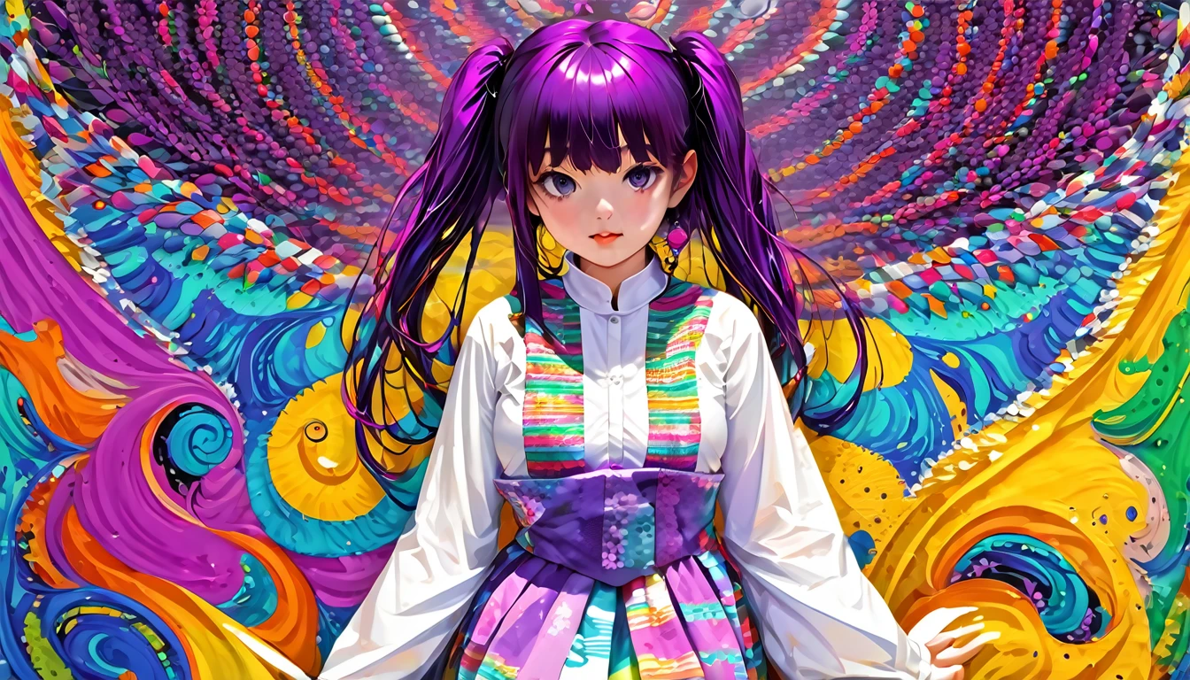 (Absurd, High resolution, Super detailed), (One girl:1.3), Twin tails, Purple Hair, break , Glitch Art, Digital Distortion, Pixelated Fragments, Data Corruption, Colorful Noise, Visual clutter, contemporary aesthetics break , Enamel Art, Glass-like surface, Vibrant colors, Glossy finish, Reflective Texture, Richly pigmented, fluid forms break , Ethnic Style, Traditional attire, Vivid patterns, Handmade textiles, Cultural Motifs, Beaded Jewelry, Artisan handmade accessories