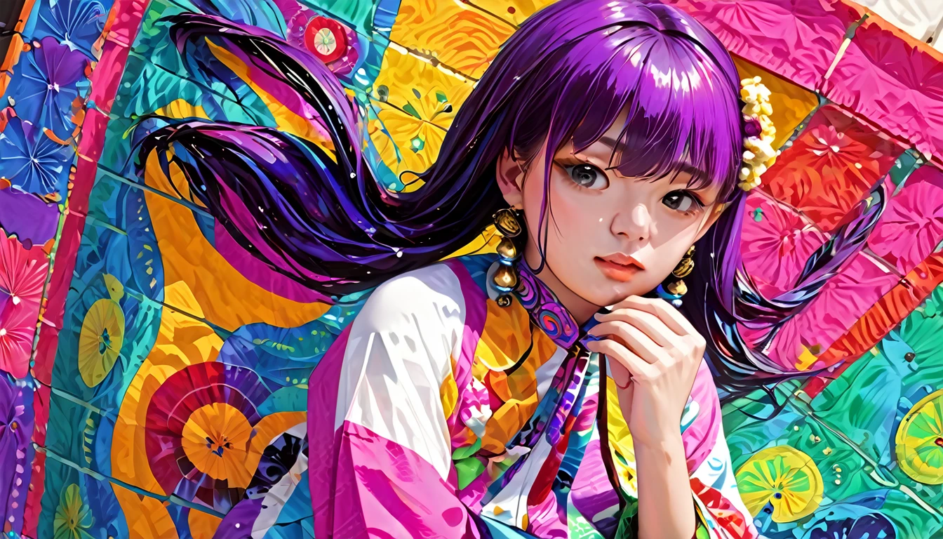 (Absurd, High resolution, Super detailed), (One girl:1.3), Twin tails, Purple Hair, break , Glitch Art, Digital Distortion, Pixelated Fragments, Data Corruption, Colorful Noise, Visual clutter, contemporary aesthetics break , Enamel Art, Glass-like surface, Vibrant colors, Glossy finish, Reflective Texture, Richly pigmented, fluid forms break , Ethnic Style, Traditional attire, Vivid patterns, Handmade textiles, Cultural Motifs, Beaded Jewelry, Artisan handmade accessories