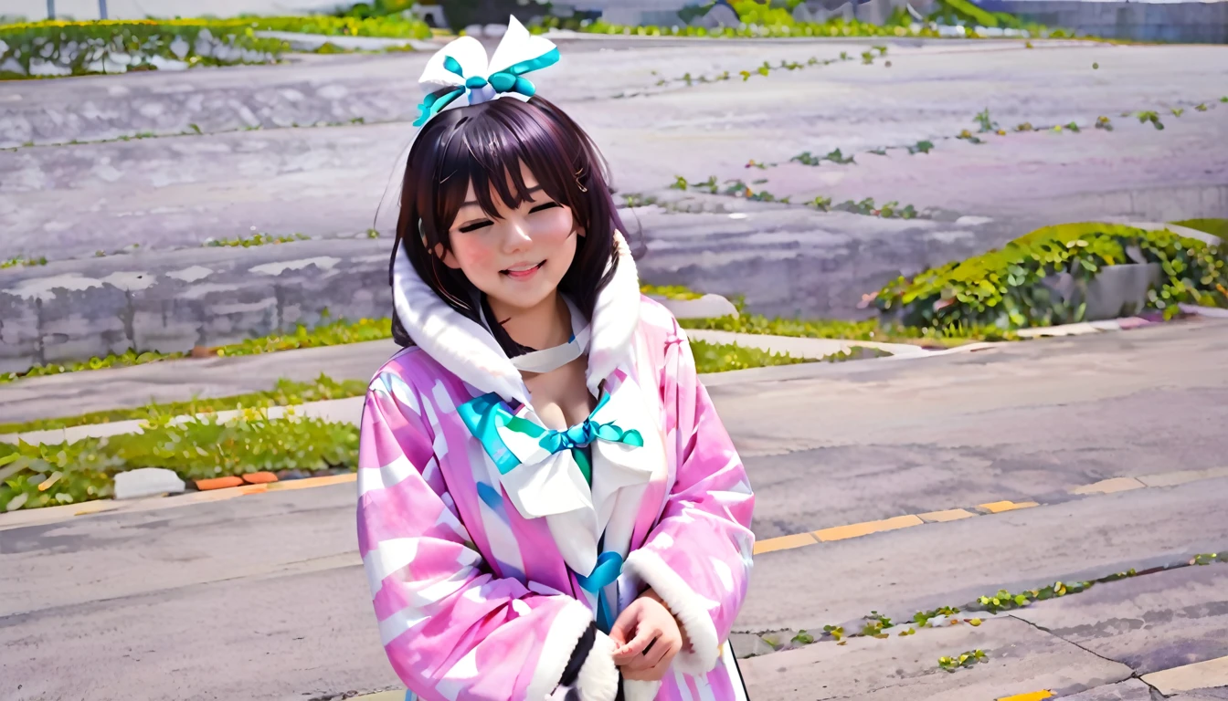 ((カスタムEye mask)), ((Patterned mask)), ((patterned Eye mask)), string hair ribbon, Purple Hair, ((Realistic)), ((Photorealism)), ((photoRealistic)), ((Cosplay)), ((Real Life)), One girl, alone, close your eyes, Black Hair, Multicolored Hair, blush, Fur trim, fur-trimmed coat, smile, coat, Purple Hair, Long Hair, ((Eye mask)), bangs, Mouth closed, bow, Flying Sweat, white coat, ribbon, bandage, Two-tone hair, Upper Body, white bow, hair ornaments