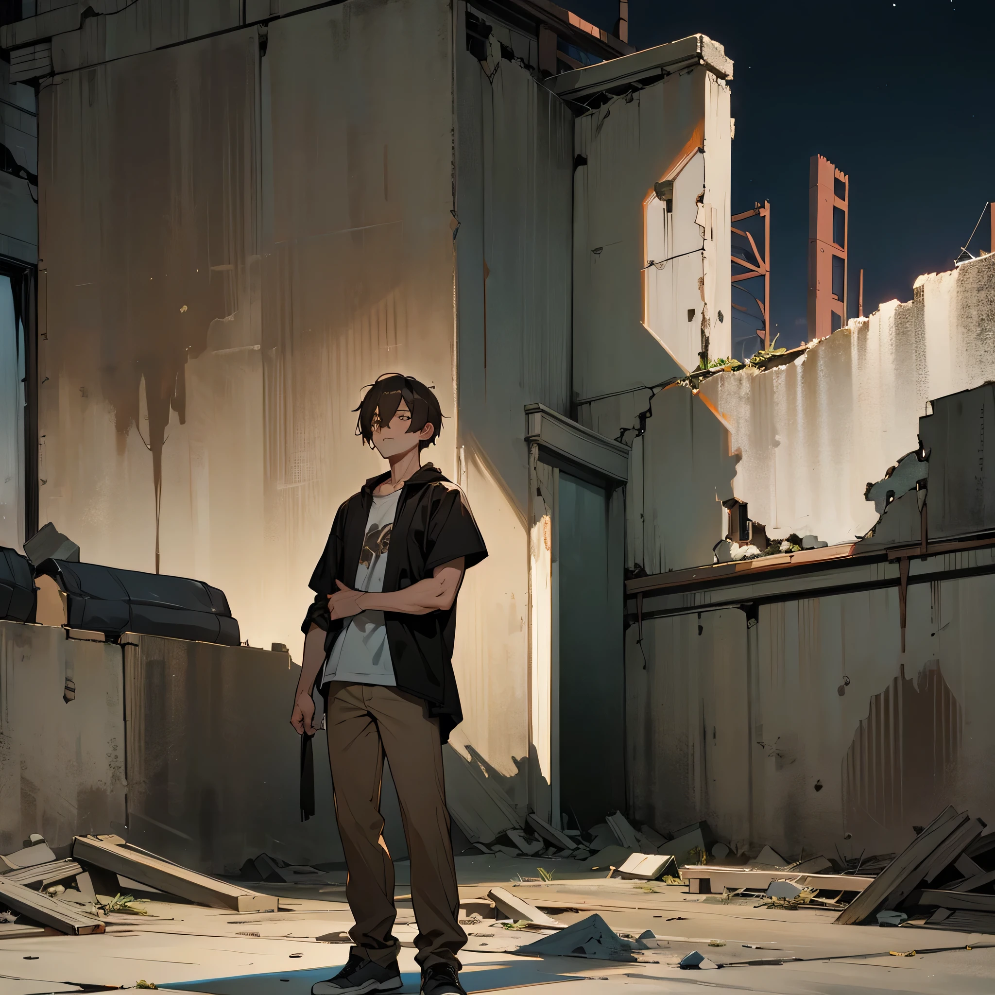 1male, adult, finely detailed brown eyes, wild short hair, arsenic hair color, casual clothing, standing on ruined building, night time, somber expression, muscular, tired, black bags under eyes