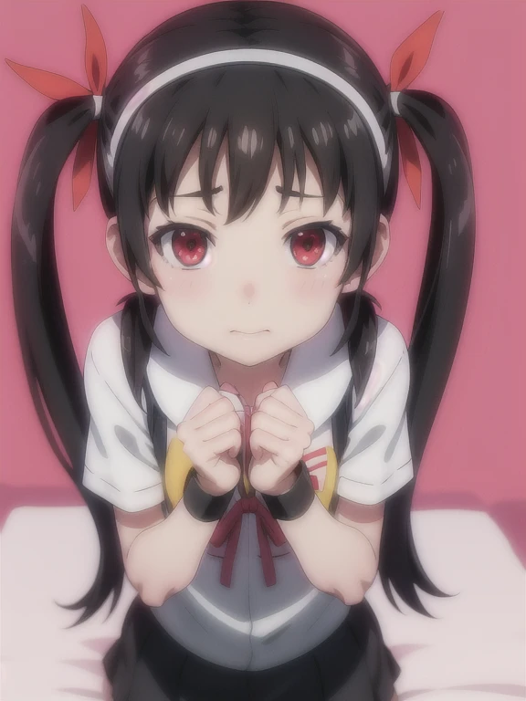 ((best quality), highres, Mayoi Hachikuji, 1girl, solo, long_hair, black_hair, red_eyes, ribbon, twintails, hair_ribbon, hairband