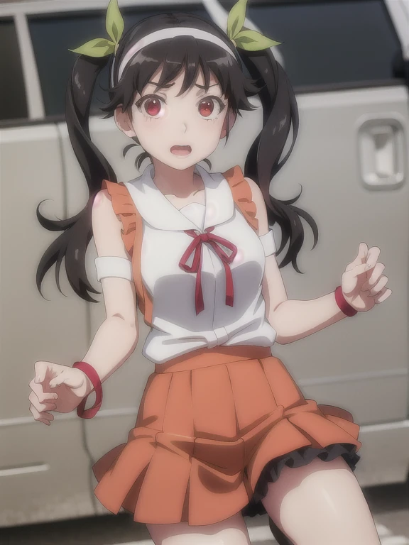 ((best quality), highres, Mayoi Hachikuji, 1girl, solo, long_hair, black_hair, red_eyes, ribbon, twintails, hair_ribbon, hairband