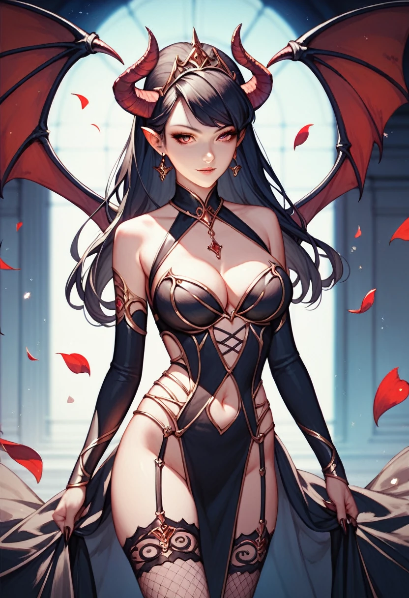 2D anime picture, (anime style 1), girl, , sadistic, demoness princess, small demoness horns, beautiful long black hairstyle, in luxury and sexy princess demon fencing outfit, stand on training area, fantasy, Middle Ages, night