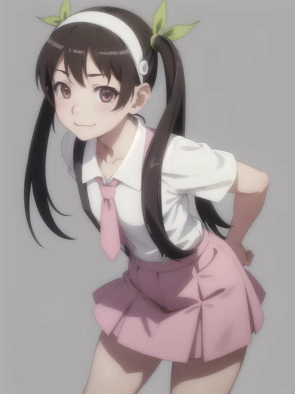 (best quality, masterpiece:1.2), ultra detailed, 1girl,  hachikuji01, twintails, long hair, smile, :3, flat chest, 
hairband, shirt, microskirt, suspender skirt, 
leaning forward, 
pastel simple background,