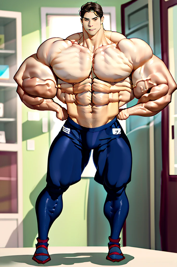 4k, high resolution, best quality, masterpiece, perfect color, perfect shade, perfect lighting, Posted by e621, ((full body sexy pose)), ((handsome man)), extremely handsome thin face, biceps twice bigger than head, triceps twice bigger than head, huge pectoral cleavage, exaggerate tall traps, narrow muscle waist, shoulders twice wider than torso, subtle beauty features