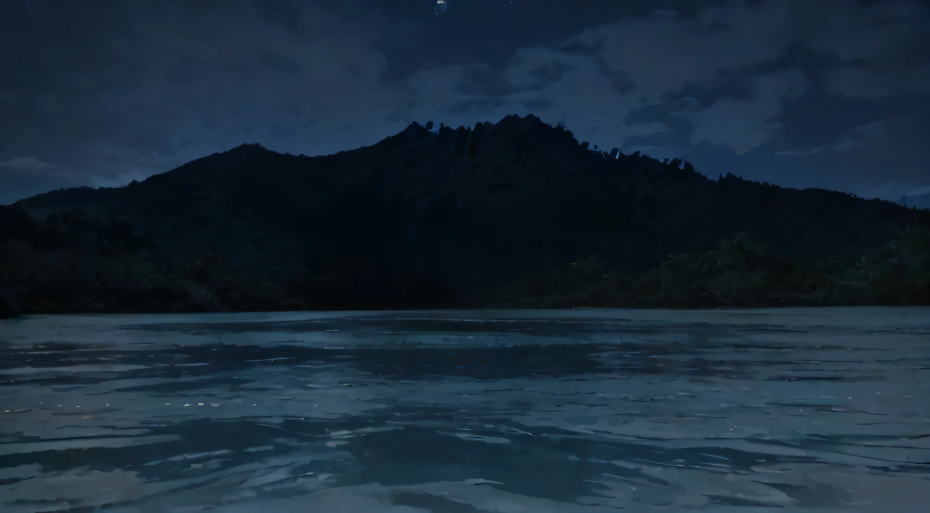 nighttime view of a mountain and a body of water, scenic view at night, river in the background, nighttime, night, night setting, dark night environment, at night, . background: jungle river, night time, nighttime foreground, cinematic still, during night, low light, float under moon light at night, photo taken at night, night view, night - time