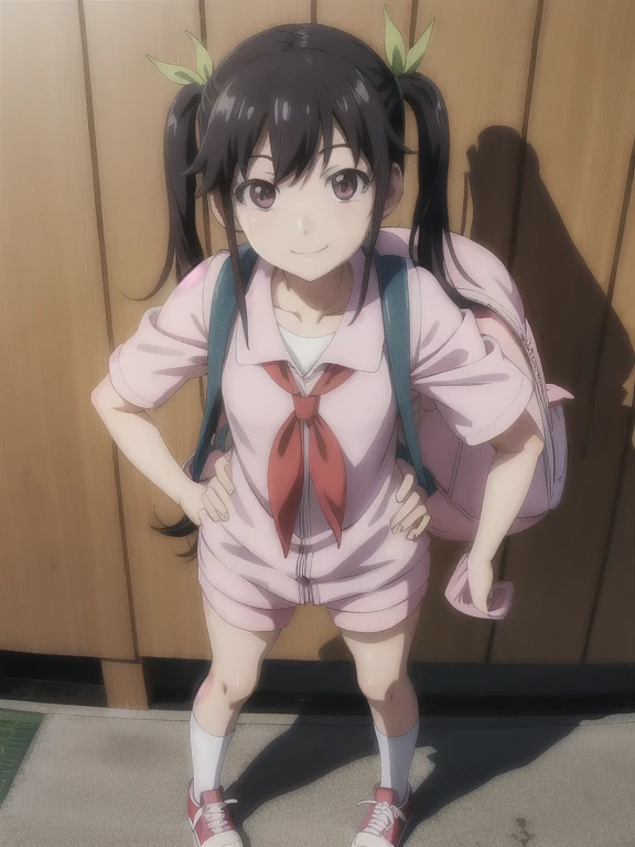 Hachikuji Mayoi, backpack, hight resolution, absurderes, Standing, Hands on hips, Looking at Viewer, Smile,  Anime,