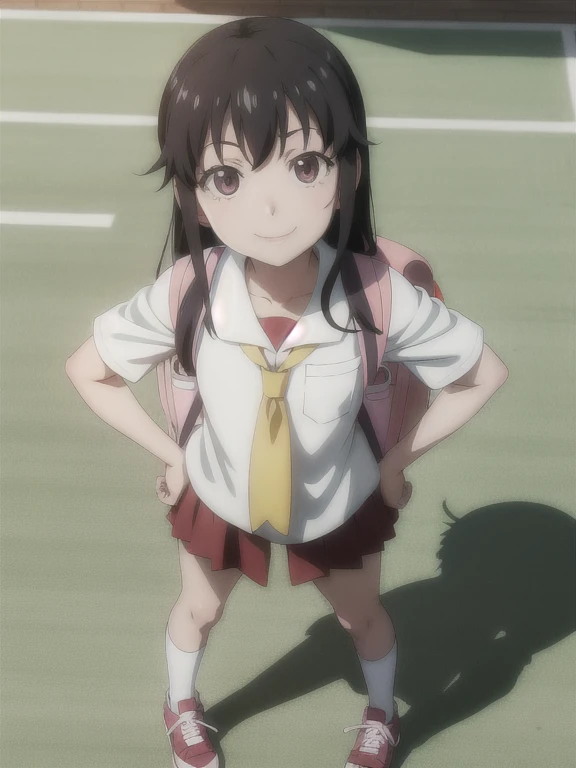 Hachikuji Mayoi, backpack, hight resolution, absurderes, Standing, Hands on hips, Looking at Viewer, Smile,  Anime,