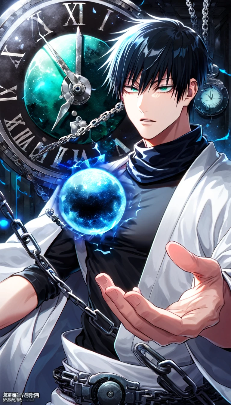 absurdres, highres, ultra detailed, HDR, master piece, best quality, Fushiguro Touji, straight black hair, expressive green eyes, jujutsu kaisen, solo, sexy man, handsome, white haori, black tight T-shirt, black scarf, clock mechanical blue moon, fantasy, chains, blue fireflies, blue lightning, void, magic