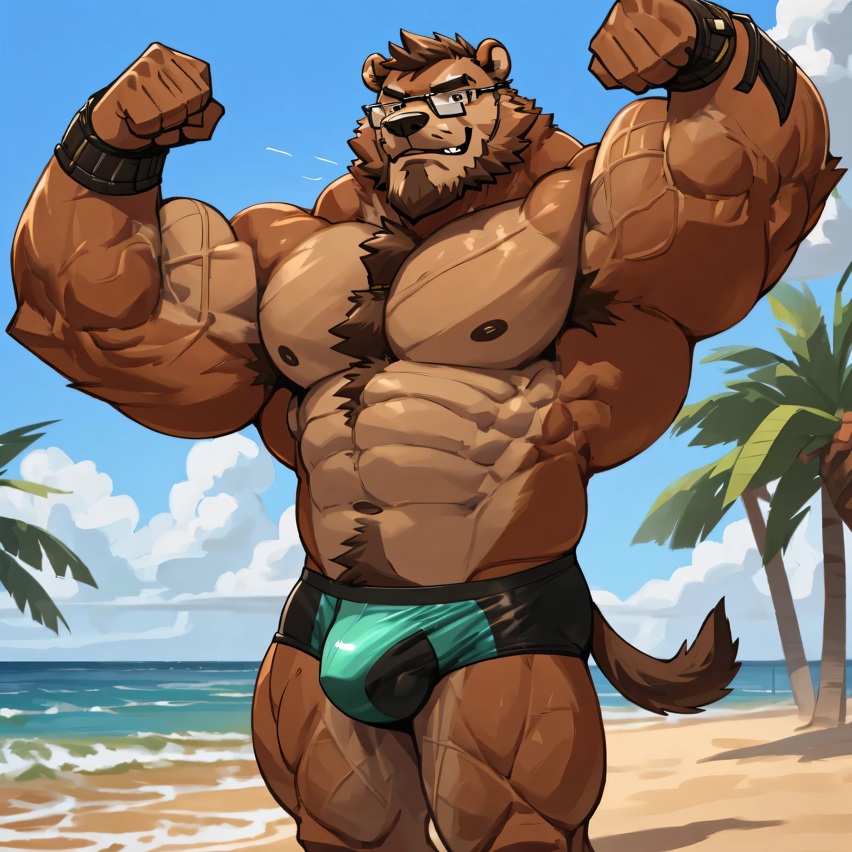 solo, 1boy, Huge Muscular Old Grizzly Bear wearing glasses, musclechub , pectoral, huge pectoral, wide pectoral, brown fur, short brown hair, black competitive briefs, wristbands and shirtless topless, bearded, brown Mustache, muscle beach background, masterpiece, high detailed, 8k, high resolution, at the muscle beach flexing whole body showing off handsome