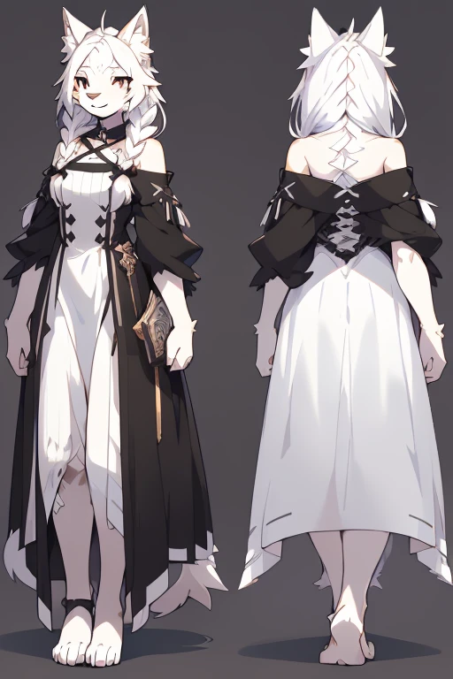 ( Absurdly , High quality , ultra detailed ) ,( hand detailed ) , (xnirox:1.2), 1girl, solo, mature, (concept art, character sheet), absurdres(highly detailed beautiful face and eyes)perfect anatomy Solo, Young Female white fox-cat (((lean-body))) (((medium breasts))) (short snout),(((fur (black stripe) between neck and shoulder towards chest))) ((fur (black stripes) on waist))(ears are darker), ((violet eyes)), (cat tail (black at end)), (white hair (single-braided)), ((Female wolf)) (detailed eyes), (clevedge, (collarbone, shoulders), (solo, (1girl)) ((((fluffy white fur)))), white hands, ((extremely detailed fur)) ((hair in face)) (big braid), (thin long tail) (extremely detailed eyes) (((concept art, character sheet, (multiple views)))), (cute dress), white hands, multiple emotions, happy, extatic, barefoot, (xnirox:1.2)