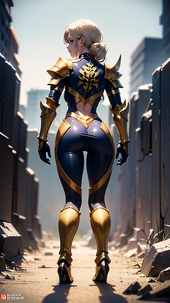 powerful warrior white girl,athletic perfect(((full body, backside)))body,beautiful purple  short clothes,advanced technology ((((golden armor))) esoteric charming details,(esoteric) accessories.Curly blond hair,remarkable green eyes (((third eye)))(Magic) Landscape,amazing fantasy.4k,8k,highly detailed,photography prize,Sony Alpha III,UHQ,old masterpiece,perfect composition,unique style,hyper detailed,genius imagery,awarded piece of art