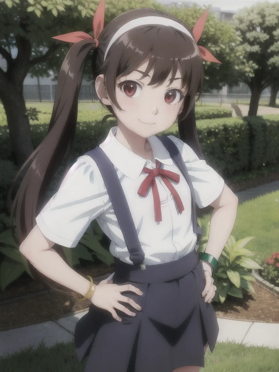 masterpiece, best quality, highres, detailed,
1girl, solo, looking at viewer,
hachikuji01, long hair, brown hair, red eyes, flat chest, twintails, hair ribbon, white hairband,
skirt, shirt, ribbon, green bracelet, , white shirt, short sleeves, blue skirt, suspenders, suspender skirt, star \(symbol\),
smile, :3,
hands on hips,
potrait,
garden, flowers, trees,