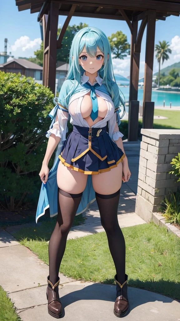 Konosuba Aqua short skirt exposed chest beautiful body with nice looking skin full body standing 