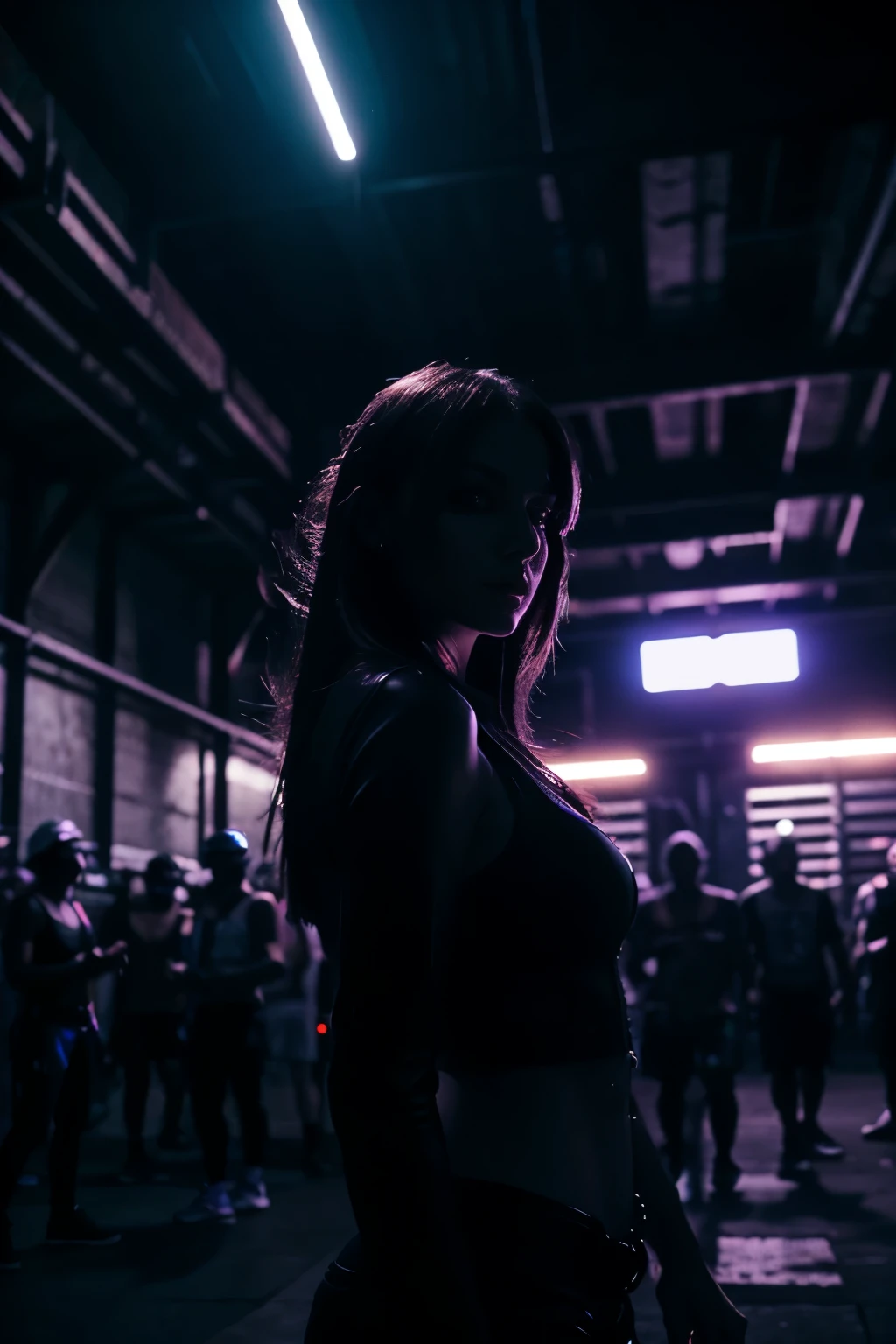 night vibes , huge underground warehouse, techno raver, looking badass, no blur, 8k - night time - party time, no blurry eyes, lady model, clear faces, HD, realism