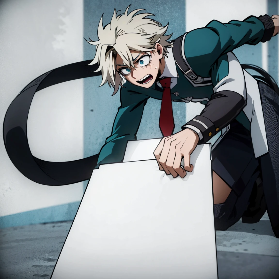 1 boy, male focus, Boku no Hero Academia, masterpiece, Best quality, very aesthetic, absurdity, medium dirty hair, turquoise hair, Blue eyes, crying, Shy, gray jacket, Red tie, White shirt, turquoise trousers, boots