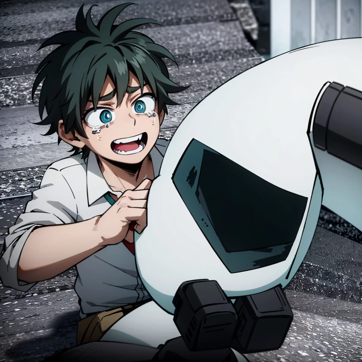 1 boy, male focus, Boku no Hero Academia, masterpiece, Best quality, very aesthetic, absurdity, medium dirty hair, turquoise hair, Blue eyes, crying, Shy, gray jacket, Red tie, White shirt, turquoise trousers, boots 