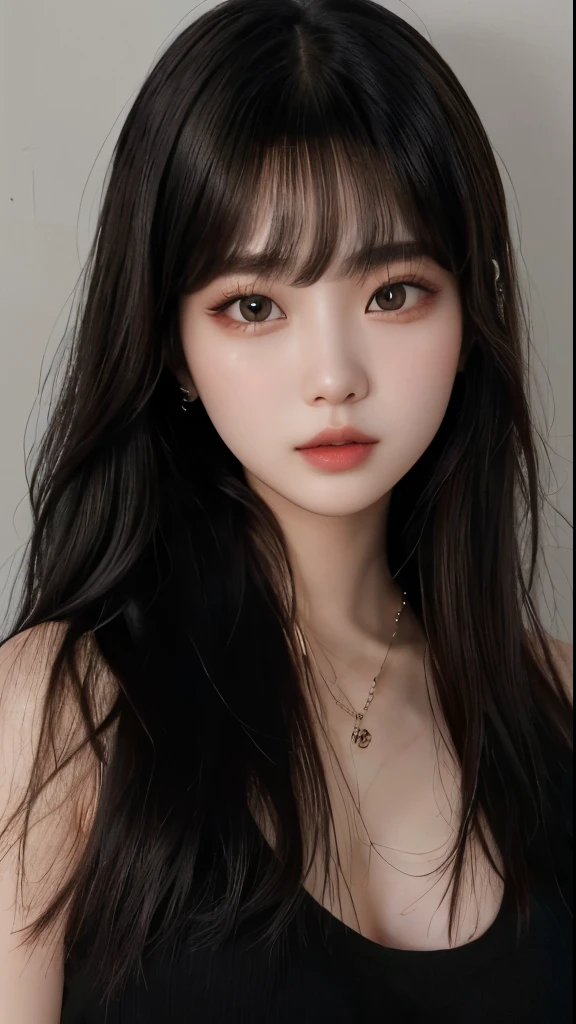 um close de uma mulher com cabelos longos usando um colar, Ulzzang,  coreana, lalisa manobal, linda mulher sul-coreana, Sakimichan, adorable and pale korean face, garota cara fofa, profile picture with headshot, jaeyeon nam, ela tem cabelo preto com franja, maquiagem coreana popular, young lovely korean face