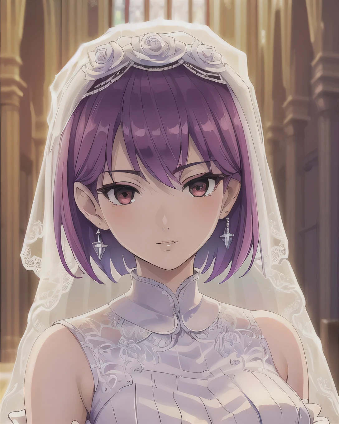 ((masterpiece)),(((Highest quality))), ((Super detailed)), ((figure)), masterpiece, Highest quality, High resolution, {Beautiful attention to detail}, In detail, 4K wallpaper, Beautiful attention to detail, 
(alone, bride:1.2), (Purple Short Hair, Red eyes:1.0), (Attending a church wedding:1.1), (Wearing a white ruffled wedding dress:1.2), Saki Tezuka,
