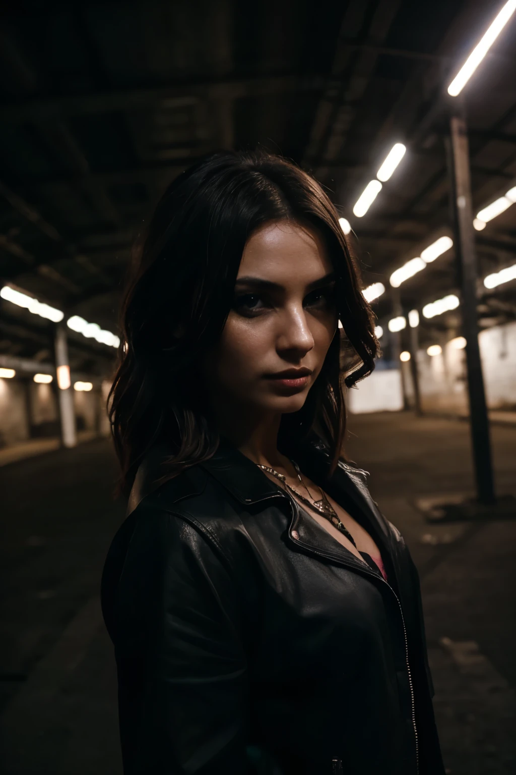 night vibes , huge underground warehouse, techno raver, looking badass, no blur, 8k - night time - party time, no blurry eyes, lady model, clear faces, HD, realism