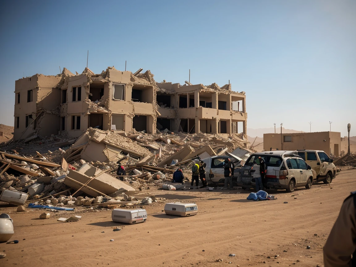 Generate an image depicting a scene from the Al Haouz earthquake crisis. The setting should be a devastated urban area with collapsed buildings and rubble. In the foreground, show local community members engaging in crisis communication. Include elements like people using radios, mobile phones, and makeshift bulletin boards for information dissemination. The buildings are old and build on a montain in al haouz. The atmosphere should convey urgency and solidarity among the affected individuals and responders. Desert climate, Cinematic lighting, ultra realistic resolution, realistic depth of field .