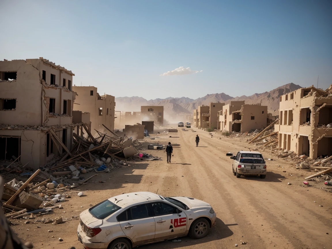 Generate an image depicting a scene from the Al Haouz earthquake crisis. The setting should be a devastated urban area with collapsed buildings and rubble. In the foreground, show local community members engaging in crisis communication. Include elements like people using radios, mobile phones, and makeshift bulletin boards for information dissemination. The buildings are old and build on a montain in al haouz. The atmosphere should convey urgency and solidarity among the affected individuals and responders. Desert climate, Cinematic lighting, ultra realistic resolution, realistic depth of field .
