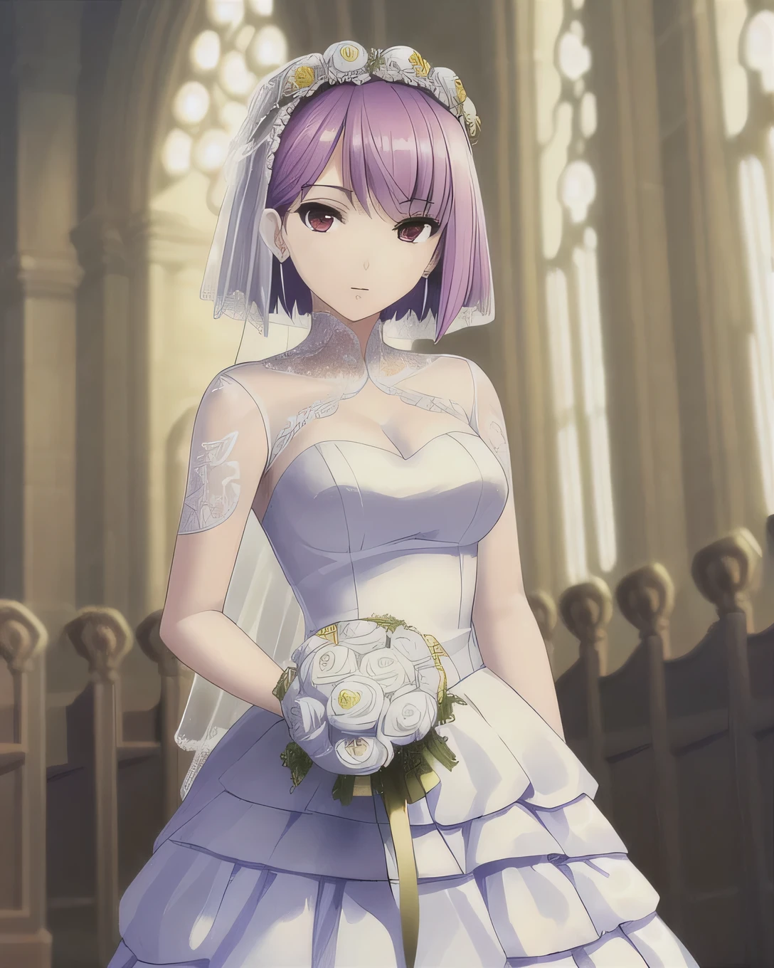 ((masterpiece)),(((Highest quality))), ((Super detailed)), ((figure)), masterpiece, Highest quality, High resolution, {Beautiful attention to detail}, In detail, 4K wallpaper, Beautiful attention to detail, 
(alone, bride:1.2), (Purple Short Hair, Red eyes:1.0), (Attending a church wedding:1.1), (Wearing a white ruffled wedding dress:1.2), Saki Tezuka,
