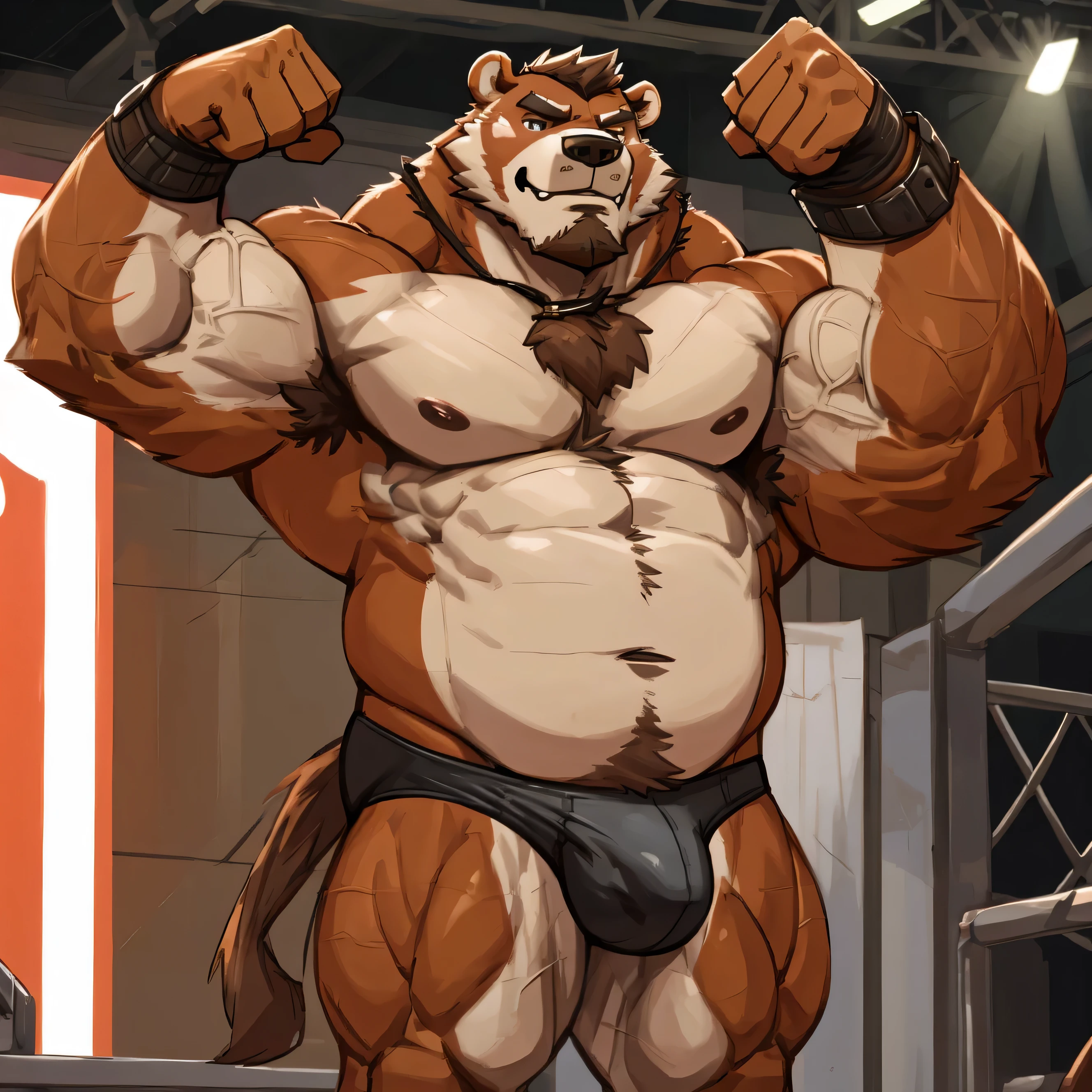 solo, 1boy, Huge chubby Muscular Old Grizzly Bear wearing glasses, pectoral, huge pectoral, wide pectoral, brown fur, short brown hair, black competitive briefs, number 35 tag, wristbands and shirtless topless, bearded, brown Mustache, bodybuilding contest background, masterpiece, high detailed, 8k, high resolution, at the bodybuilding contest flexing and posing the whole body showing off sexy
