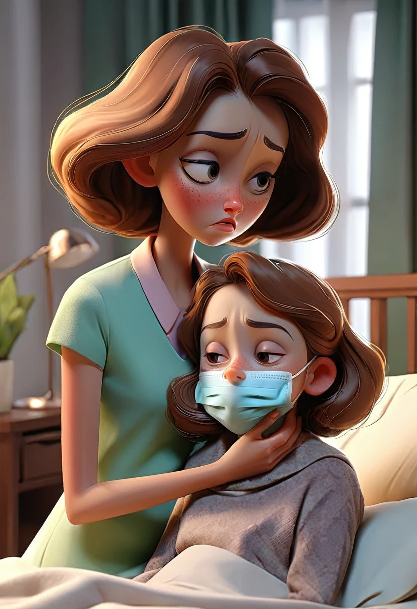 Girl taking care of her mother because she is sick 
