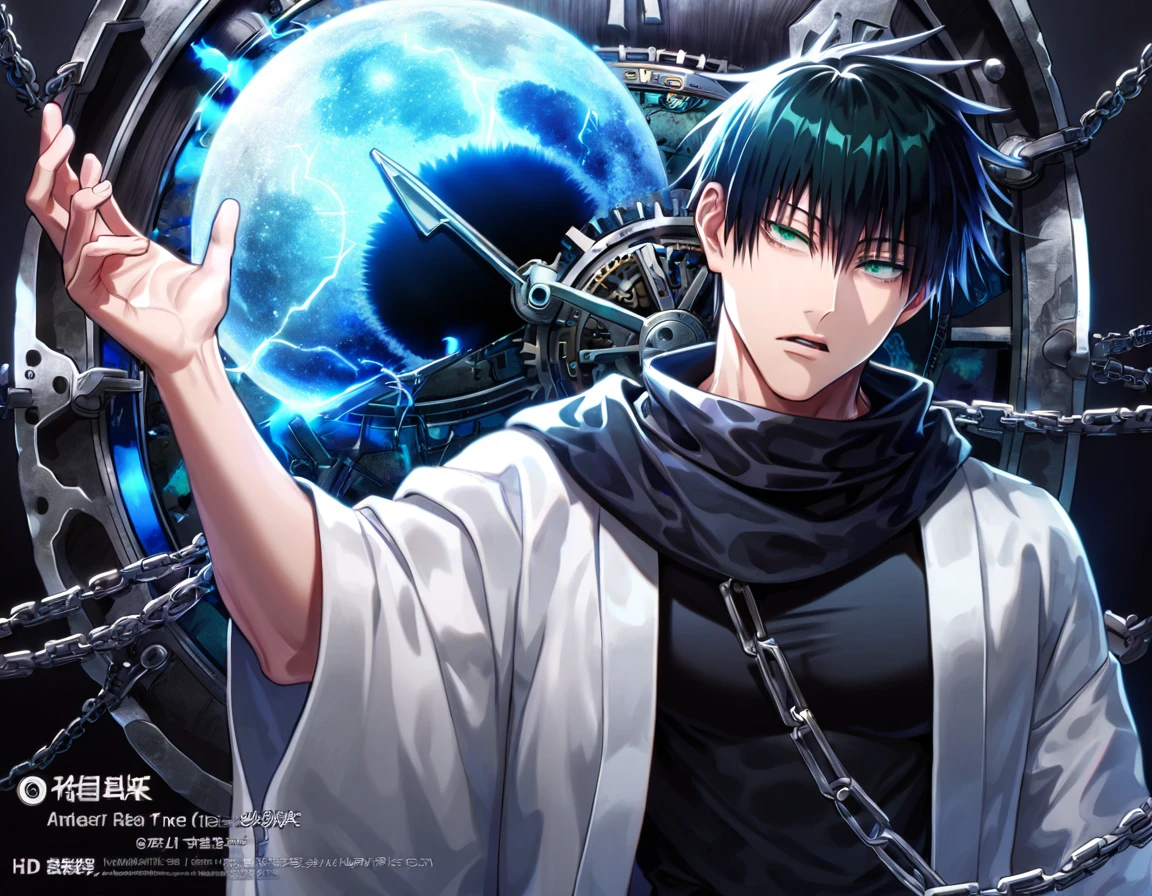 absurdres, highres, ultra detailed, HDR, master piece, best quality, Fushiguro Touji, straight black hair, expressive green eyes, jujutsu kaisen, solo, sexy man, handsome, white haori, black tight T-shirt, black scarf, clock mechanical blue moon, fantasy, chains, blue fireflies, blue lightning, void, magic