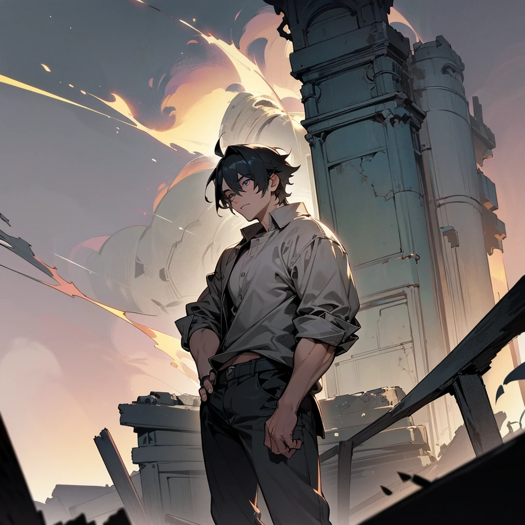 1male, adult, finely detailed charcoal eyes, wild short hair, arsenic hair color, casual clothing, standing on ruined building, night time, somber expression, muscular, excited expression