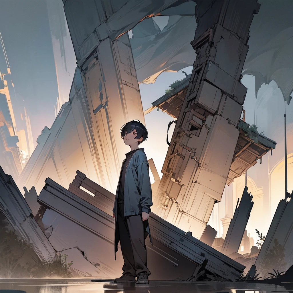 1male, adult, finely detailed charcoal eyes, wild short hair, arsenic hair color, casual clothing, standing on ruined building, night time, somber expression, muscular, excited expression
