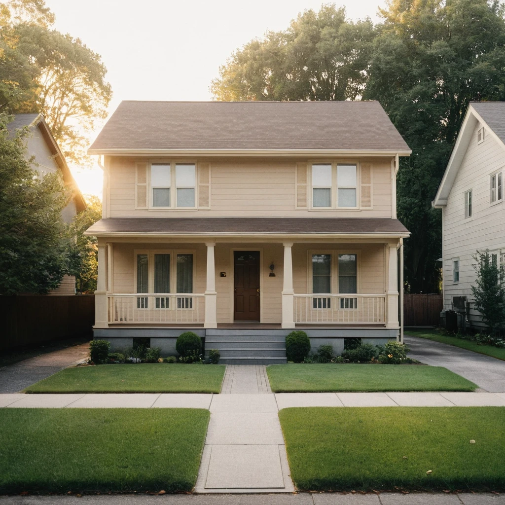 a typical townhouse from the 1970s, during the Motown era. The townhouse should be located in a suburban area, with a mix of single-family homes and apartment buildings. The house should be a two-story, single-family residence with a pitched roof, vinyl siding, and a small front yard with a lawn and a few trees.
The exterior should feature a warm, earthy color palette with a combination of brown, beige, and cream tones. The roof should be a dark brown or black asphalt shingle material. The windows should be double-hung, with white or cream-colored frames and shutters.
The front door should be a wooden with a brass or chrome door handle. The porch should be a small, covered area with a simple railing and a few steps leading up to the door, at dawn (gaussian blur:1.1) (high key photo masterpiece:1.2) raw photo, (film grain:1.3), depth field, bokeh, Best quality, masterpiece, ultra high res, (photorealistic:1.4), (smooth light:1.4), photorealistic, cinematic lighting, volumetric lighting, highly detailed and intricate