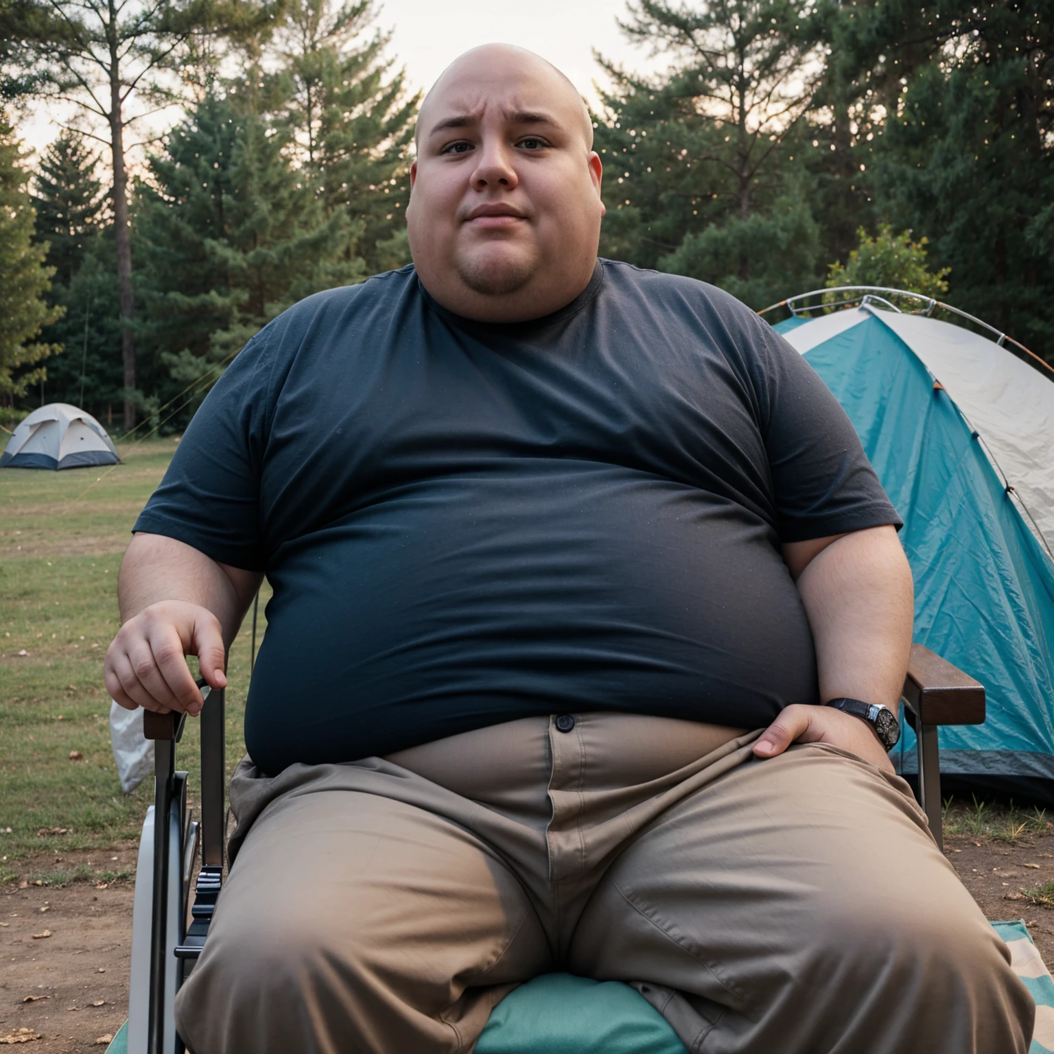 Very obese guy, bald, no hair, sitting in a tiny camping chair, in a park, very sad expression ((sadness:1)) ((wears pants:1))