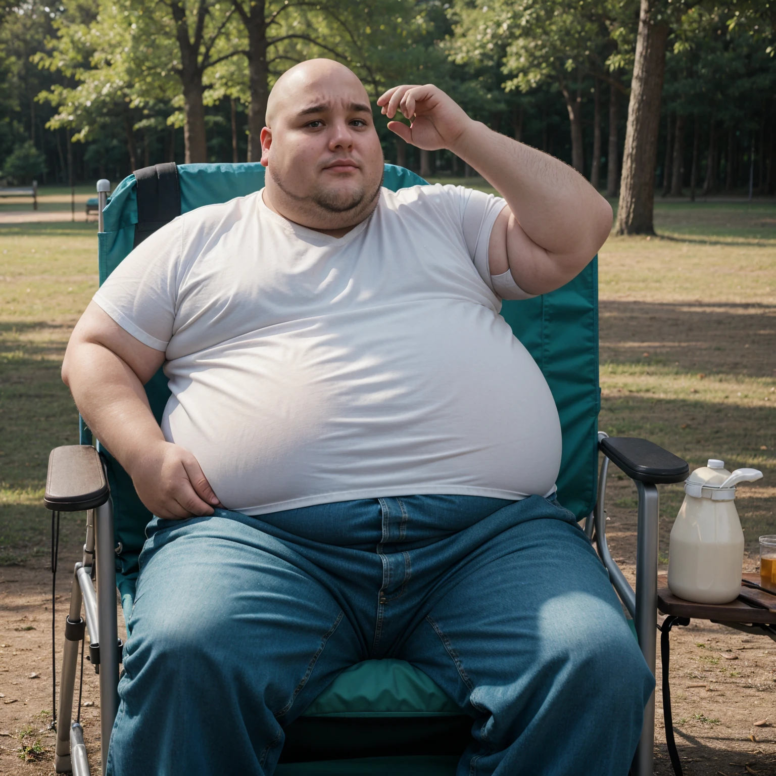 Very obese guy, bald, no hair, sitting in a tiny camping chair, in a park, very sad expression ((sadness:1)) ((wears pants:1))