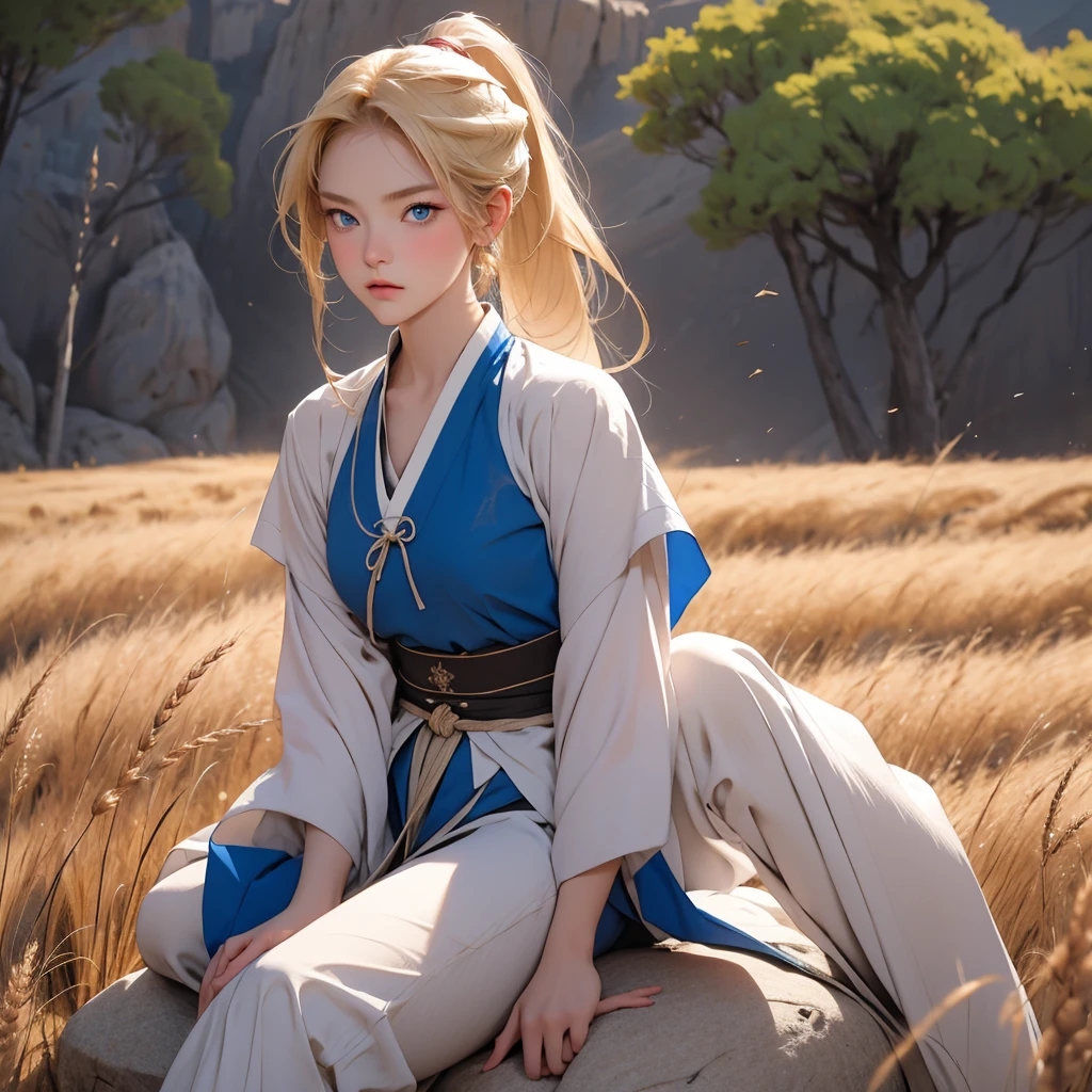 1girl, blonde ponytail, blue eyes, sexy traditional archery clothes, sitting on the rock, wide wheat field, angry face, 8K, Hi-Res