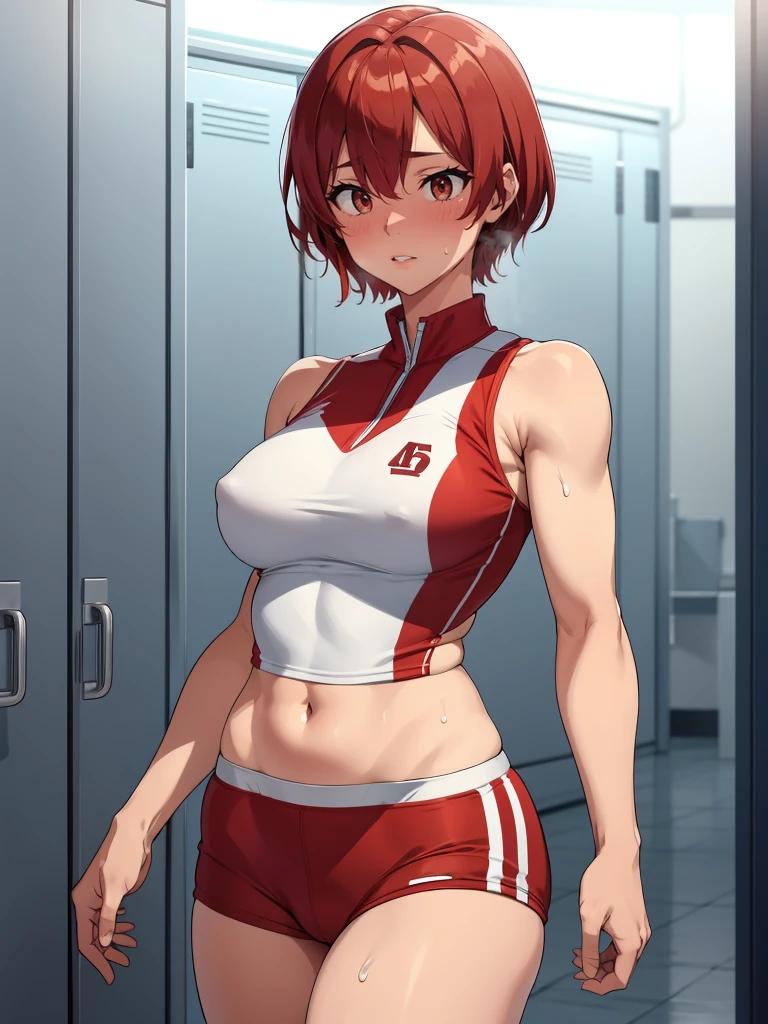 locker room、No background、Standing posture、Track and field athlete、Athletics Stadium、athlete、(1 female)、(Red hair、Short Hair）、(Sleeveless track uniform、Racing Bloomer)、Ultra-detailed illustrations、Ultra-precision performance、masterpiece、Highest quality、超High resolution、High resolution、（(Embarrassed expression、Sweat、body fluid)）、Mommyfy、