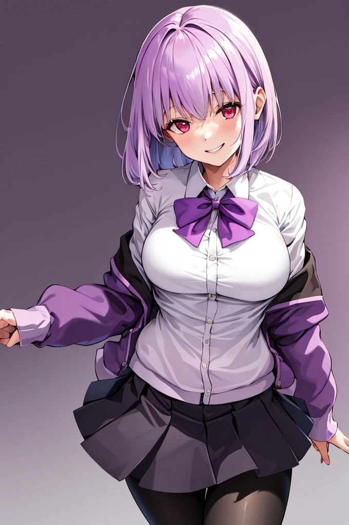 masterpiece, highest quality, High resolution, shinjou akane, One girl, alone, pantyhose, shirt, bow, skirt, purple Jacket, Jacket, white shirt, Long sleeve, short hair, black skirt, collared shirt, black pantyhose, Open clothes, bowtie, purple bow, chest, bangs, Red eyes, pleated skirt, Off the shoulder, open Jacket, Sleeves are longer than the wrist, Light purple hair, purple bowtie, miniskirt,  Cowboy Shot,evil smile,smile worst,looking down at viewer,laugh worst,evil laugh,deep shaded face,laugh face,big monster background,