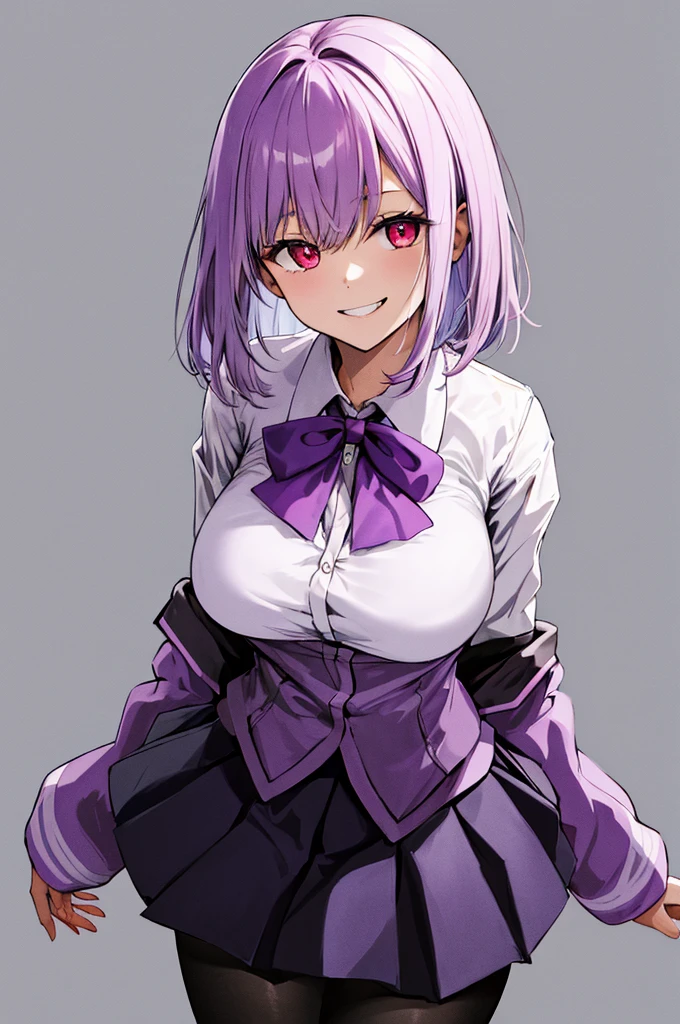 masterpiece, highest quality, High resolution, shinjou akane, One girl, alone, pantyhose, shirt, bow, skirt, purple Jacket, Jacket, white shirt, Long sleeve, short hair, black skirt, collared shirt, black pantyhose, Open clothes, bowtie, purple bow, chest, bangs, Red eyes, pleated skirt, Off the shoulder, open Jacket, Sleeves are longer than the wrist, Light purple hair, purple bowtie, miniskirt, Cowboy Shot,evil smile,smile worst,looking down at viewer,laugh worst,evil laugh,deep shaded face,laugh face,big monster background,