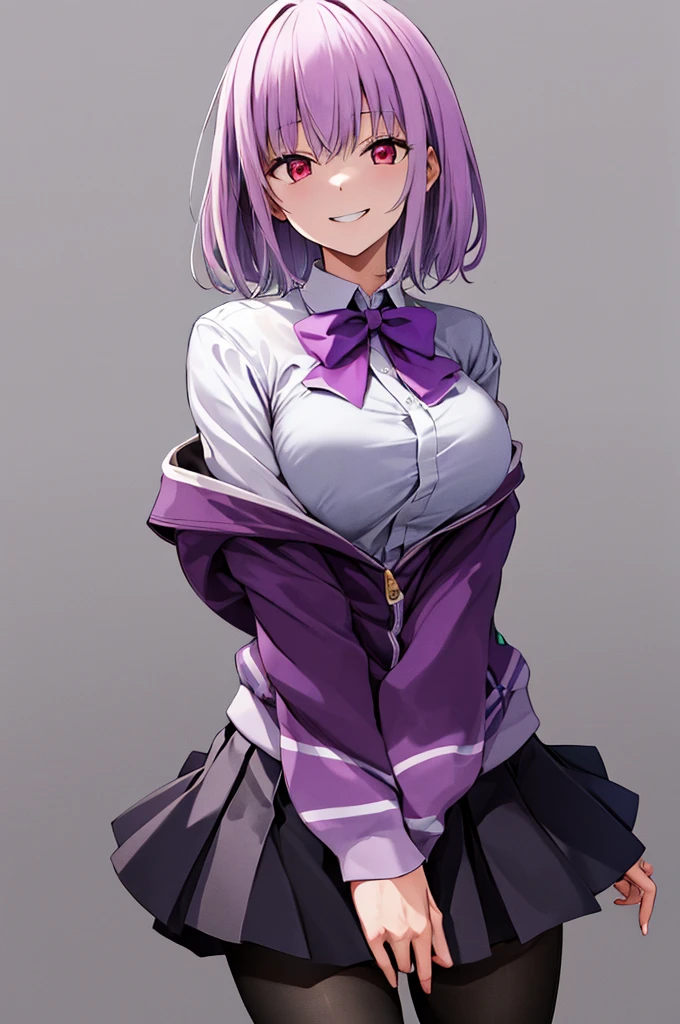masterpiece, highest quality, High resolution, shinjou akane, One girl, alone, pantyhose, shirt, bow, skirt, purple Jacket, Jacket, white shirt, Long sleeve, short hair, black skirt, collared shirt, black pantyhose, Open clothes, bowtie, purple bow, chest, bangs, Red eyes, pleated skirt, Off the shoulder, open Jacket, Sleeves are longer than the wrist, Light purple hair, purple bowtie, miniskirt,  Cowboy Shot,evil smile,smile worst,looking down at viewer,laugh worst,evil laugh,deep shaded face,laugh face,big monster background,