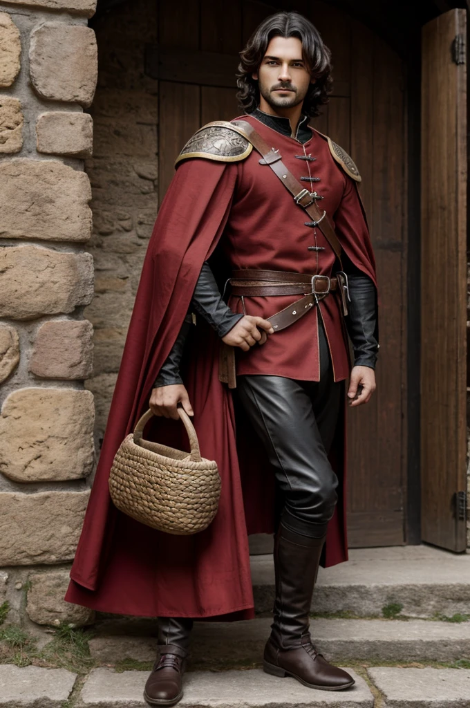 Crea a un chico con ropa medieval, cabello negro con una cola de caballo corta en la nuca, Crimson Red Eyes, una espada europea, and a bag with a red dragon egg