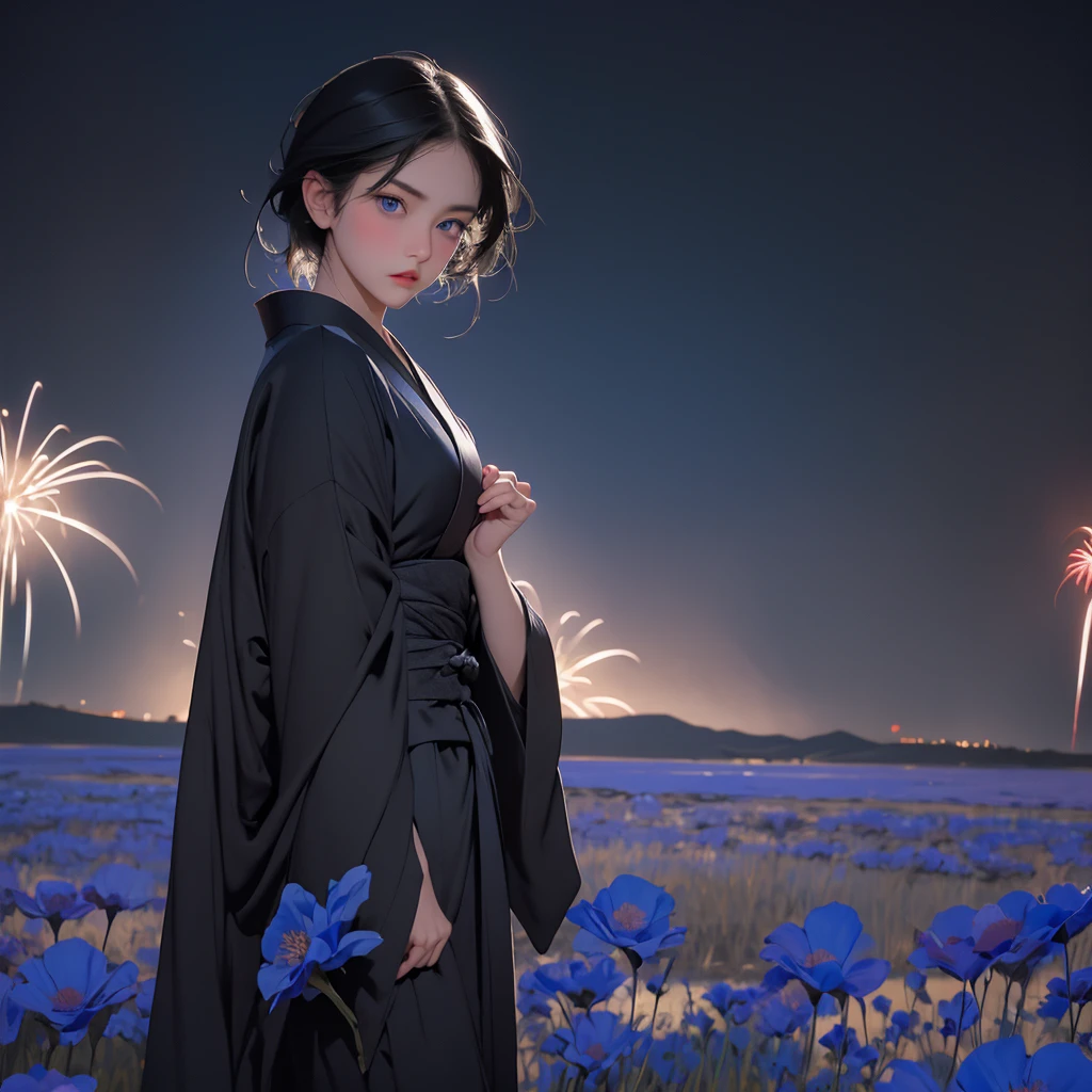 1girl, short black hair, blue eyes, wearing sexy black kimono dress, watching fireworks in the middle of a vast blue flower field, night, angry face, 8K, Hi-Res