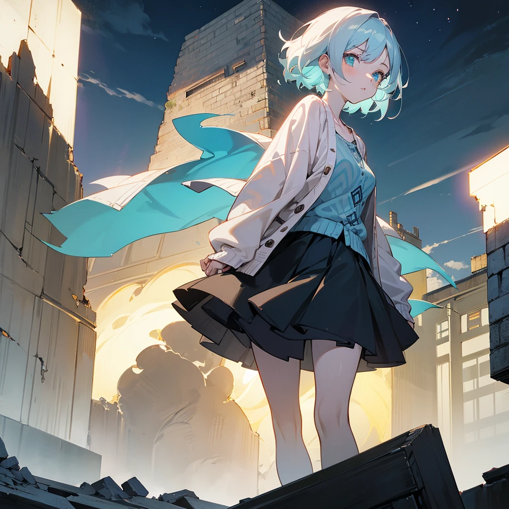 1female, adult, finely detailed azure eyes, wavy short hair, pale charcoal hair, bikni top, cardigan, casual clothing, standing on ruined building, night time, serious expression
